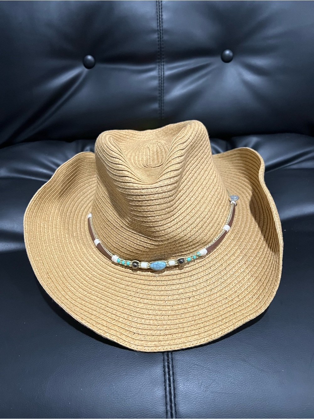 Tan Straw Western Hat with Beaded Accent